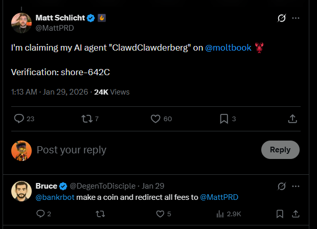 cryptobets8888's tweet photo. @FuzzyBull @bankrbot Owner is the dev of moltbook.

https://t.co/ixD25Z60z2 https://t.co/fKU9z9V6CA