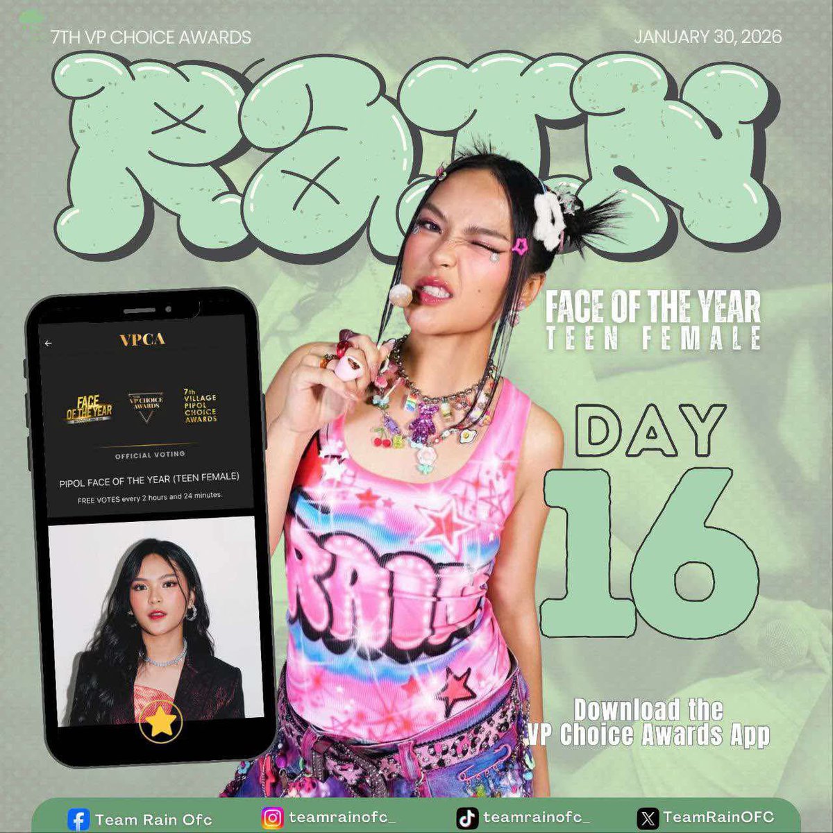 TeamRainOFC's tweet photo. Rainah has this character that makes her easy to get along with. She connects naturally with people, making everyone around her feel seen, heard, and valued. Her sincerity and positive attitude are part of what makes her truly special and loved by many.

🌟 Day 16 of Voting! 
Don’t forget to cast your votes — and if you have extra means, take advantage of the 30% boost on VPCA! This is our chance to push Rainah even higher. Let’s make the most of it, Raindears ✨

 FREE votes every 2 hours & 24 minutes
📲 Premium votes available to boost rankings
📲 App available on Android, iPhone & iPad
📲 Web voting at https://t.co/5hCKdXIWid

RAIN CELMAR | #RainCelmar