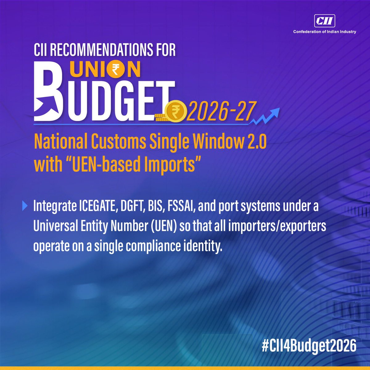 FollowCII's tweet photo. Ahead of the #UnionBudget2026–27, #CIIRecommends upgrading the National Customs Single Window to version 2.0 with UEN-based imports by integrating ICEGATE, DGFT, BIS, FSSAI and port systems, enabling importers and exporters to operate through a single compliance identity.
#UnionBudget2026 #CII4Budget2026 #CIIRecommends
@FinMinIndia @nsitharaman