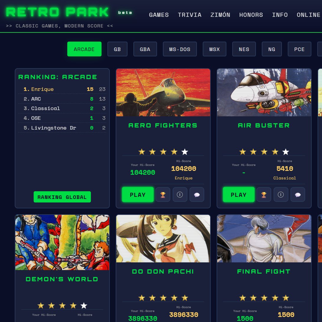 -Juegos clásicos online con ranking de puntuaciones entre usuarios
-El trivial de videojuegos más bestia que has probado nunca.
-Y más cosillas...

Todo en modo beta, estoy de pruebas, así que se agradecería feedback.

retropark.net