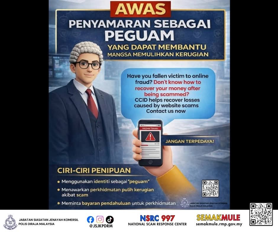 PDRMsia's tweet photo. #BeSmartStayAlert
#LetsFightScammerTogether

[POSTING PILIHAN] SCAM ALERT: PENYAMARAN SEBAGAI PEGUAM

Sumber: Jabatan Siasatan Jenayah Komersil - JSJK PDRM

Bacaan lanjut menerusi pautan seperti berikut,
https://t.co/YSZ0DmYAPC https://t.co/9XjkSUugqP