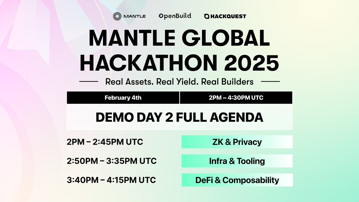 Mantle_Official's tweet image. Demo Day update rolls on.

Mantle Global Hackathon Demo Day 2 goes live on Feb. 4, 2PM - 430PM UTC, right here on 𝕏.

After a stacked Day 1, we'll shift into a US &amp;amp; EU-friendly window with new judges, fresh tracks, and another 15 teams taking the global stage.

D2 lineup 👇