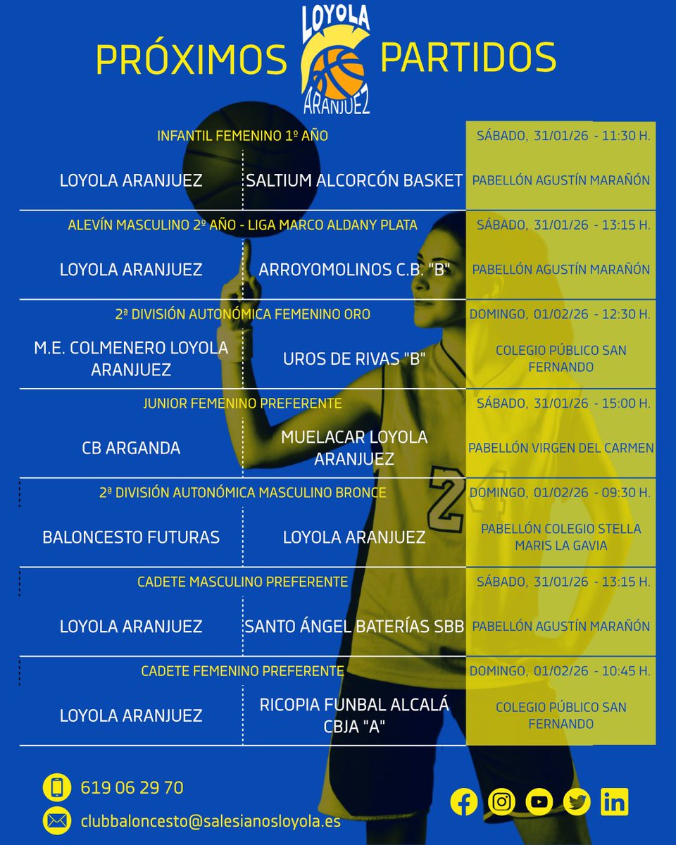 Nueva jornada para Loyola Aranjuez 🏀
Partidos en casa y fuera con protagonismo del deporte base y del baloncesto femenino.
¡Nos vemos en las pistas! 💛💙

#Baloncesto #Loyola #Aranjuez