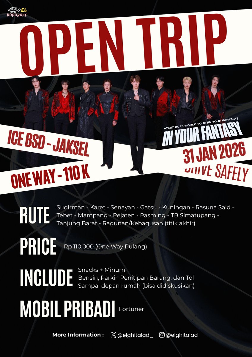 elghitalad_'s tweet photo. ATINY yang bingung besok pulangnya gimana abis konser. Aku Open Trip ke daerah JAKSEL yaa

🚗 Mobil pribadi (Fortuner)
💸 110K (One Way)
📍Bisa sampai Depan Rumah

Yang mau join boleh DM atau reply yaa 🫶🏻 Limited seats guys 🤏🏻
#ATEEZinJakarta https://t.co/2SAlDgHrtI