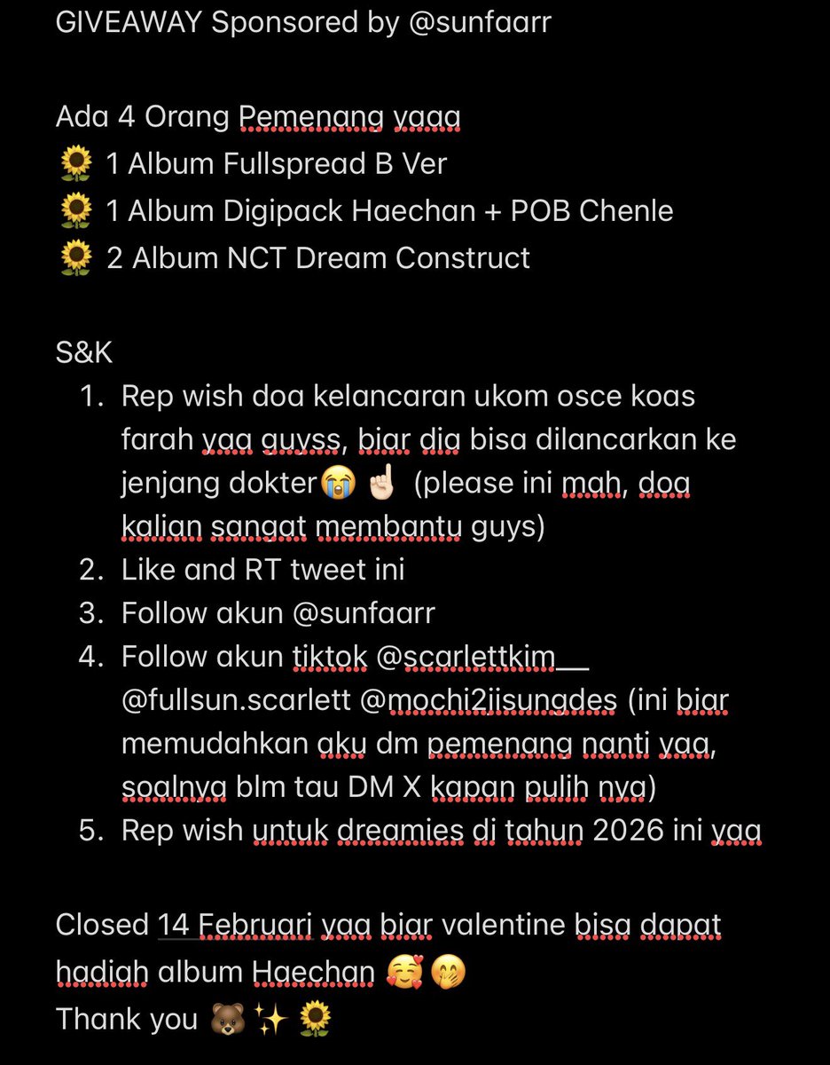 Desgrainii's tweet image. ✨GIVEAWAY Sponsored by @sunfaarr ✨

Ayok ikutan Giveaway nya guys, syarat &amp;amp; ketentuan bisa liat di foto ya, yg nomor 1 pliss banget ini mah 🥰

Pemenang nya nanti akan di pick langsung oleh farah jugaa, jd doain yg bagus bagus yaa 🥰

tags giveaway haechan album nctdream