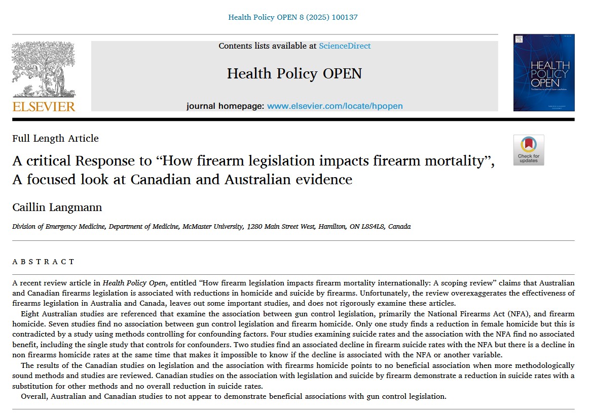 SlavScientist's tweet photo. A new meta-analysis on firearms, homicide, and suicide in Canada and Australia is out.

KEY FINDINGS:

>Across both countries, gun restrictions (or the lack of them) have no effect on homicide and suicide rates.

>When guns are harder to access, people switch to other suicide methods that are just as effective. In other words, suicide method substitution occurs.

>Firearm murders declined slower than non-firearm murders, pointing to other forces driving the overall decline.

>Restrictions just followed trends - they didn't drive them. There's zero evidence they caused or accelerated them.

>Best peer-reviewed studies show no causal impact.
