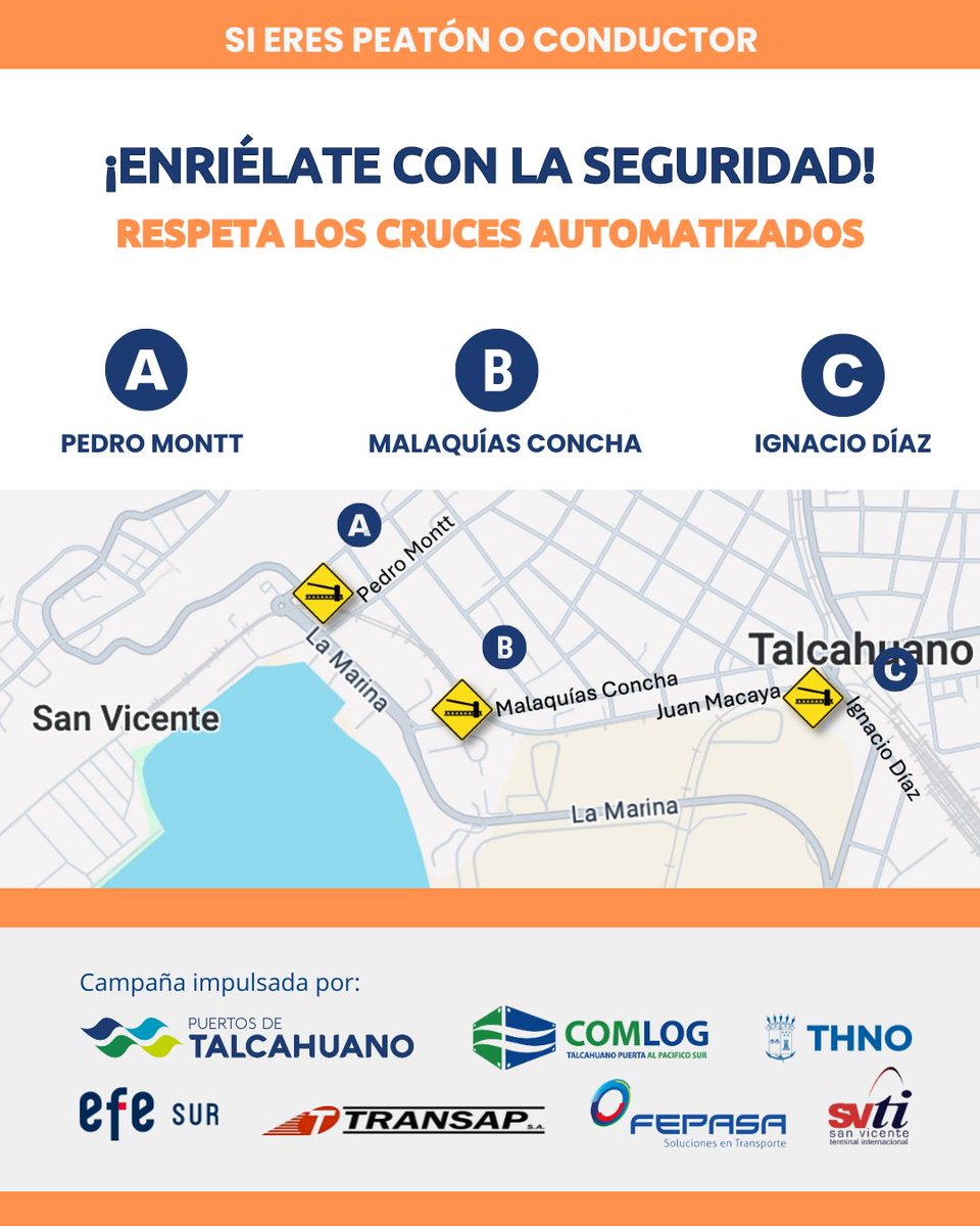 Si vives o transitas por San Vicente, recuerda los cruces ferroviarios que ahora cuentan con barreras automáticas: Pedro Montt, Malaquías Concha e Ignacio Díaz, a las que próximamente se sumará La Marina. ¡Por el bien de todas y todos, #enriélateconlaseguridad!