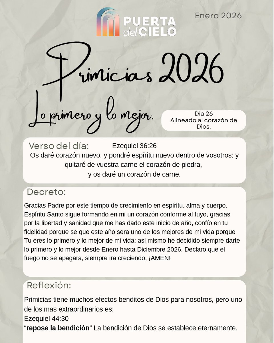 Día 26 de #Primicias2026 🍇
Caminamos alineados al corazón de Dios, recibiendo un corazón nuevo y una vida transformada por su presencia.