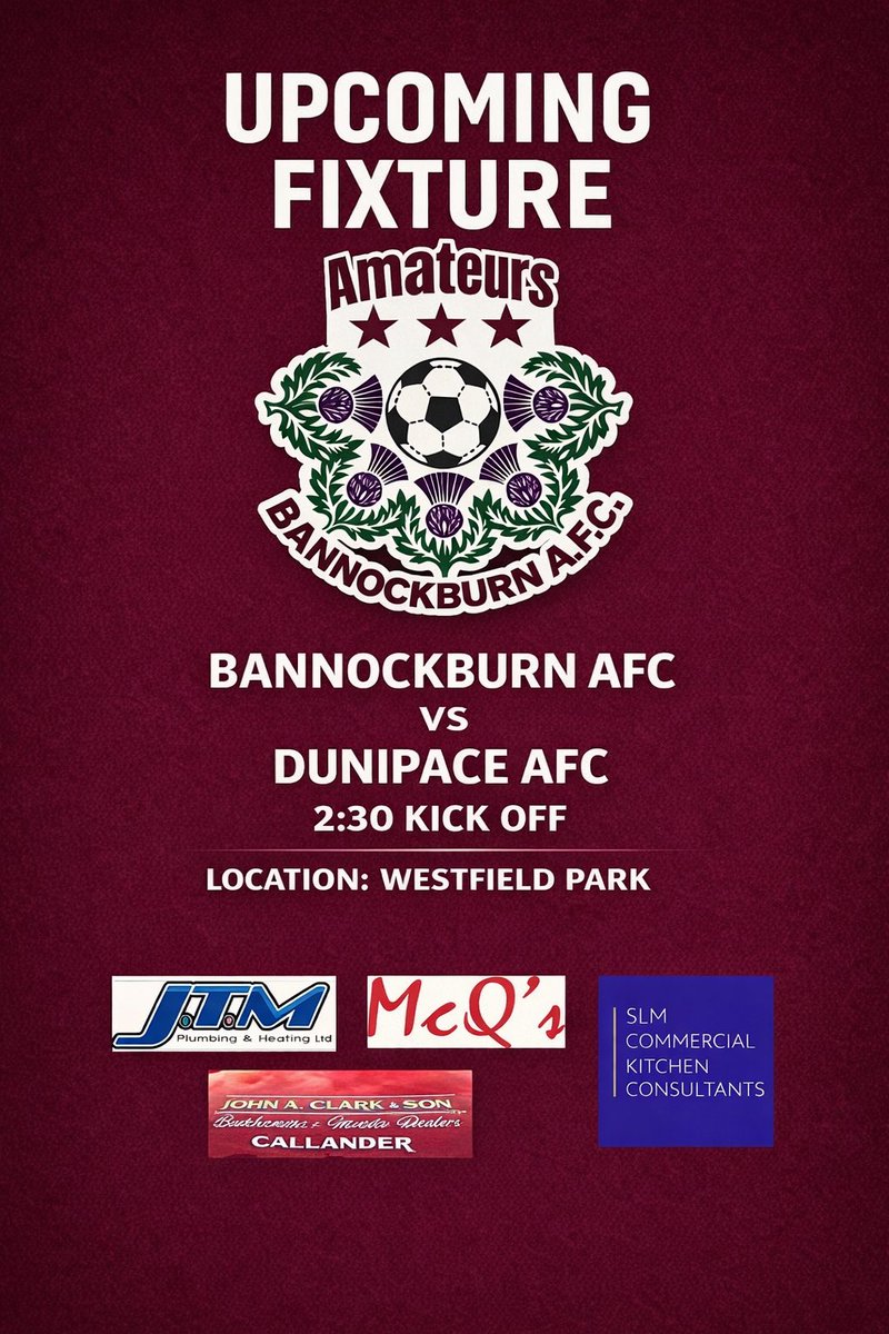 AfcBannockburn's tweet photo. Saturday brings a local away fixture for the boys as we head to Westfield to take on Dunipace AFC. Should be a good, competitive game. Pop down and catch some football action 🇱🇻⚽️

Again, the club would like to show their appreciation to our sponsors for their continued support. https://t.co/8Eqae7BS9C