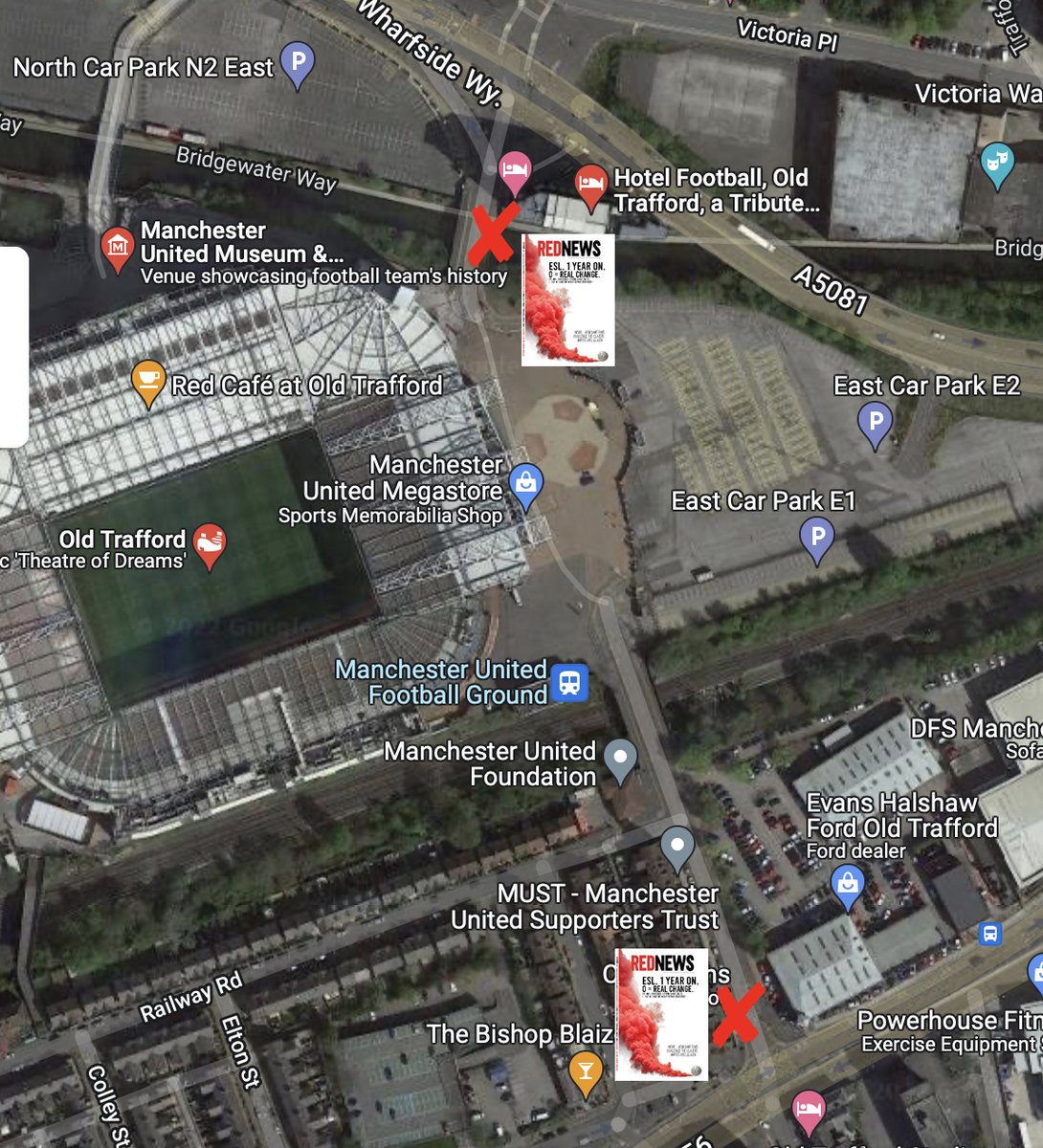 barneyrednews's tweet photo. These are the two spots we will be selling RedNews from on Sunday. Stop, support, say hello! Get involved.

From 11am. NOT after the game.
Cash or card. 💷💳
Top SMB Way by chippies. Salford Bridge by Hotel Football side. https://t.co/qRT9gJzr3m