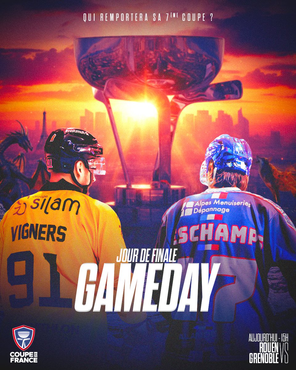 Le jour de gloire est arrivé 🔥

🆚 <a href="/DragonsdeRouen/">Dragons de Rouen</a> - <a href="/bdl_officiel/"> BelgianDefenceLeagu</a> 
🏆 Finale de Coupe de France
📺 15h00 en direct sur Hockeyfrance.tv / 16h30 en différé sur <a href="/lachainelequipe/">la chaine L'Équipe</a> 
#⃣ #CdFHockey