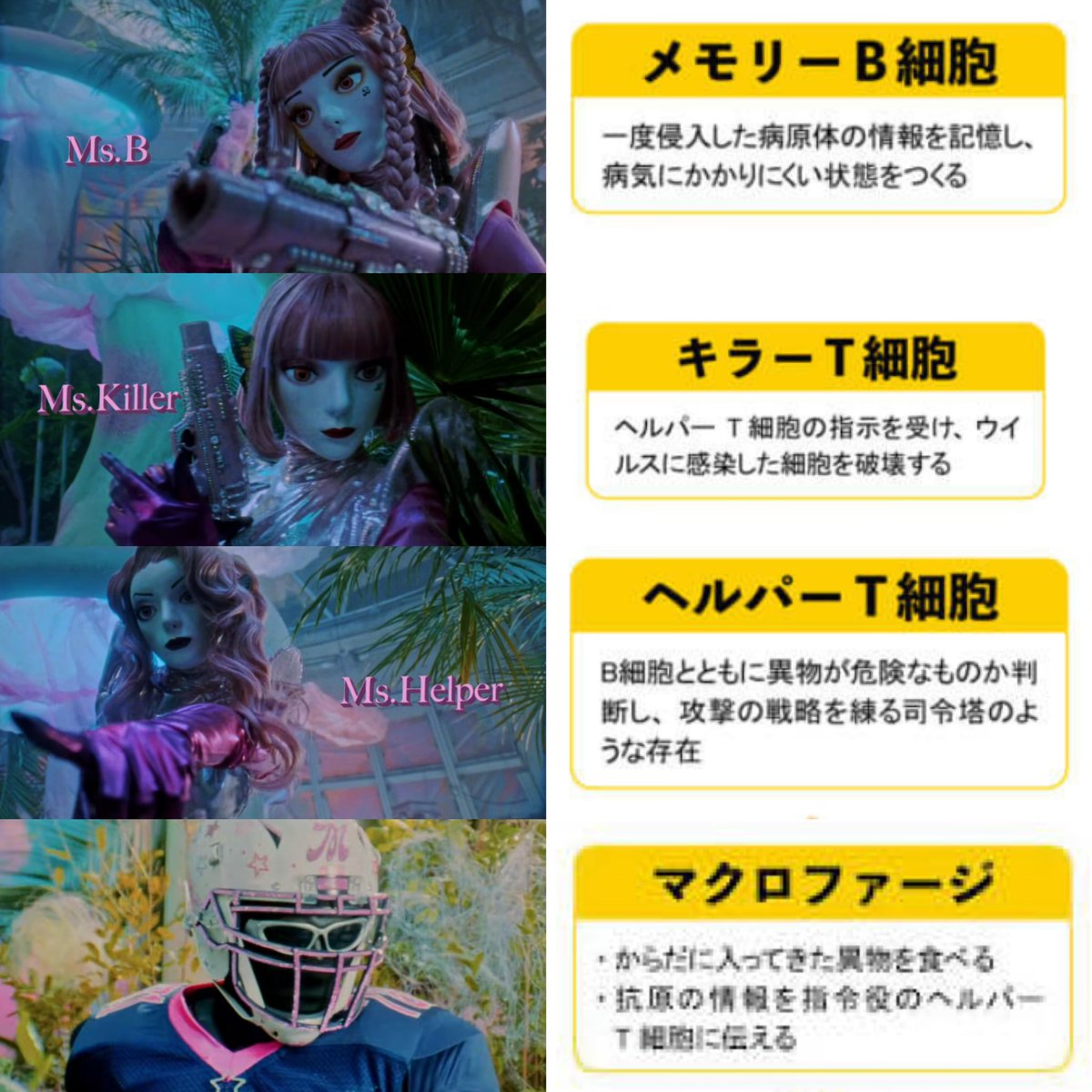 CYOCHI0129's tweet photo. #はたらく細胞 をご覧のみなさま
 #Number_i   の最新MV( #Ni_3XL )では免疫細胞が擬人化してでてきます。
分かりやすくしたのでぜひどうぞ⬇️ https://t.co/XNkeTmMD07