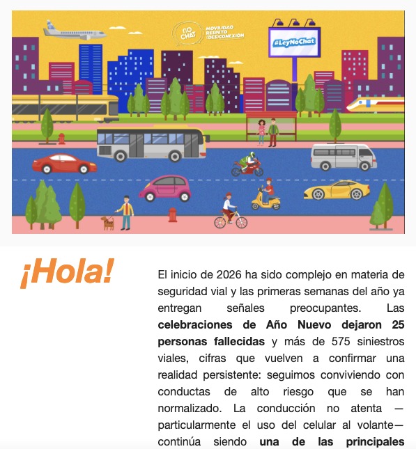 ONGnochat's tweet image. 📩 Ya enviamos el boletín de enero de ONG No Chat. En esta edición abordamos las cifras críticas con que partió 2026, la conducción no atenta, vacíos en seguridad vial, uso de ciclovías, emergencias por incendios y nuestro trabajo en terreno. 🔗 n9.cl/s4rjo