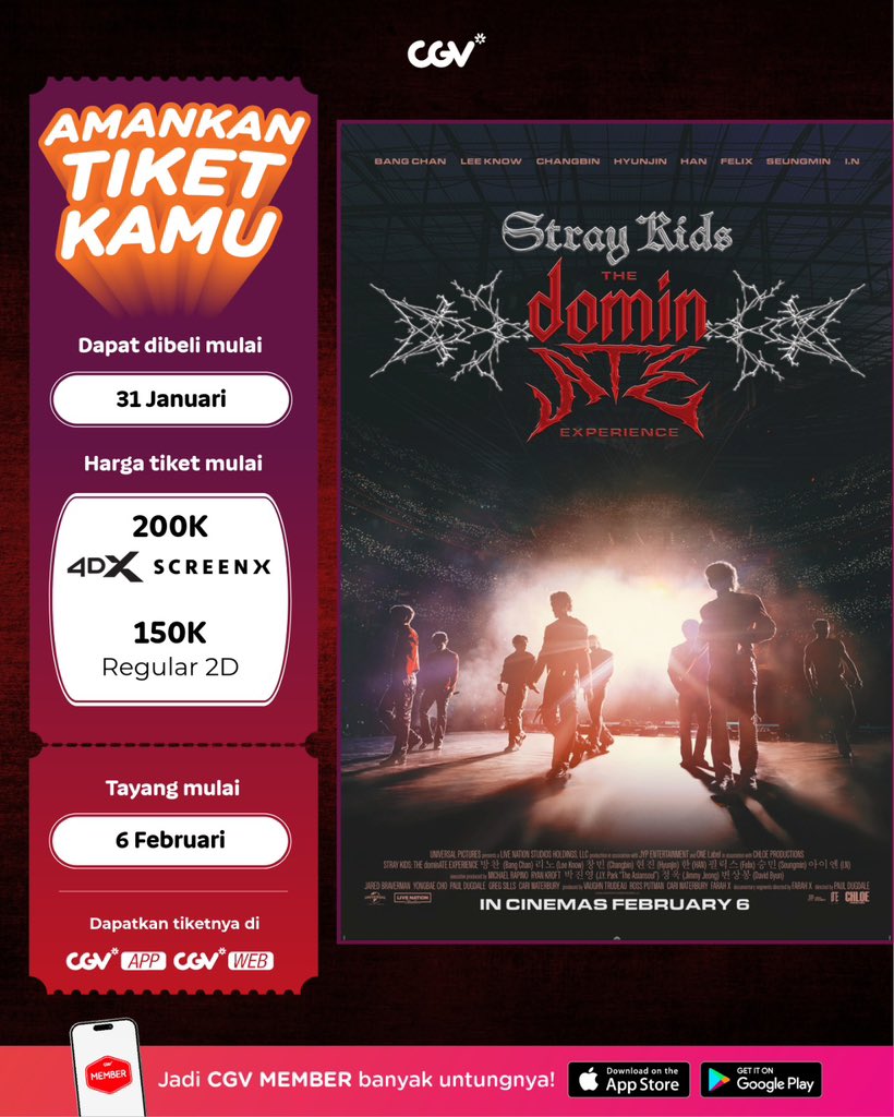 STAY! Jangan lupa buat amanin tiket kamu mulai besok di CGV😍❤️

Tersedia juga dalam format 4DX &amp; ScreenX.

Nantikan <Stray Kids: The dominATE Experience> tayang mulai 6 Februari di CGV!

#StrayKids
#dominATE
#The_dominATE_Experience
#YouMakeStrayKidsStay
#SemuaSerudiCGV
