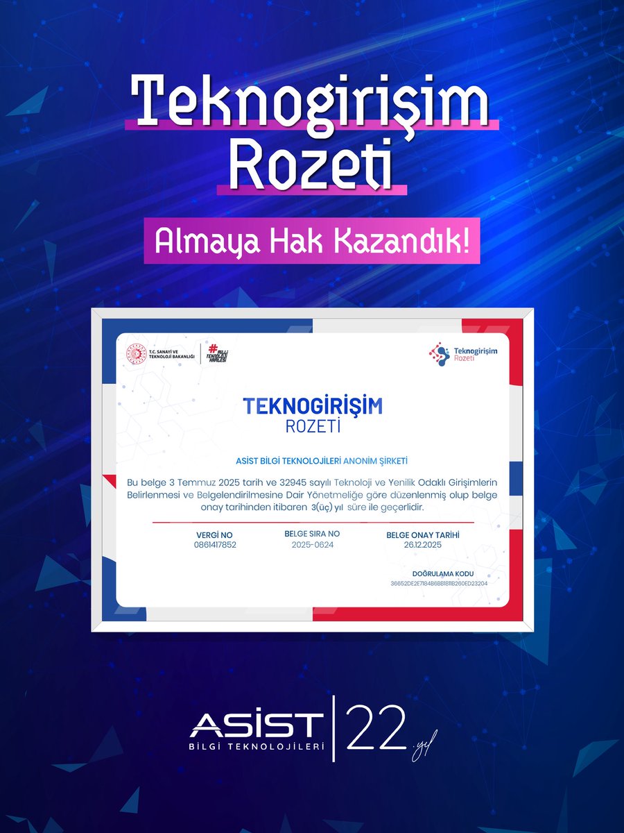 AsistBT's tweet photo. Teknoloji ve yenilik odaklı çalışmalarımızın resmi olarak tescillenmesinden gurur duyuyoruz.
Asist Bilgi Teknolojileri olarak Teknogirişim Rozeti almaya hak kazandık.
Güvenle üretmeye, geliştirmeye devam. https://t.co/N43aiRoPpK