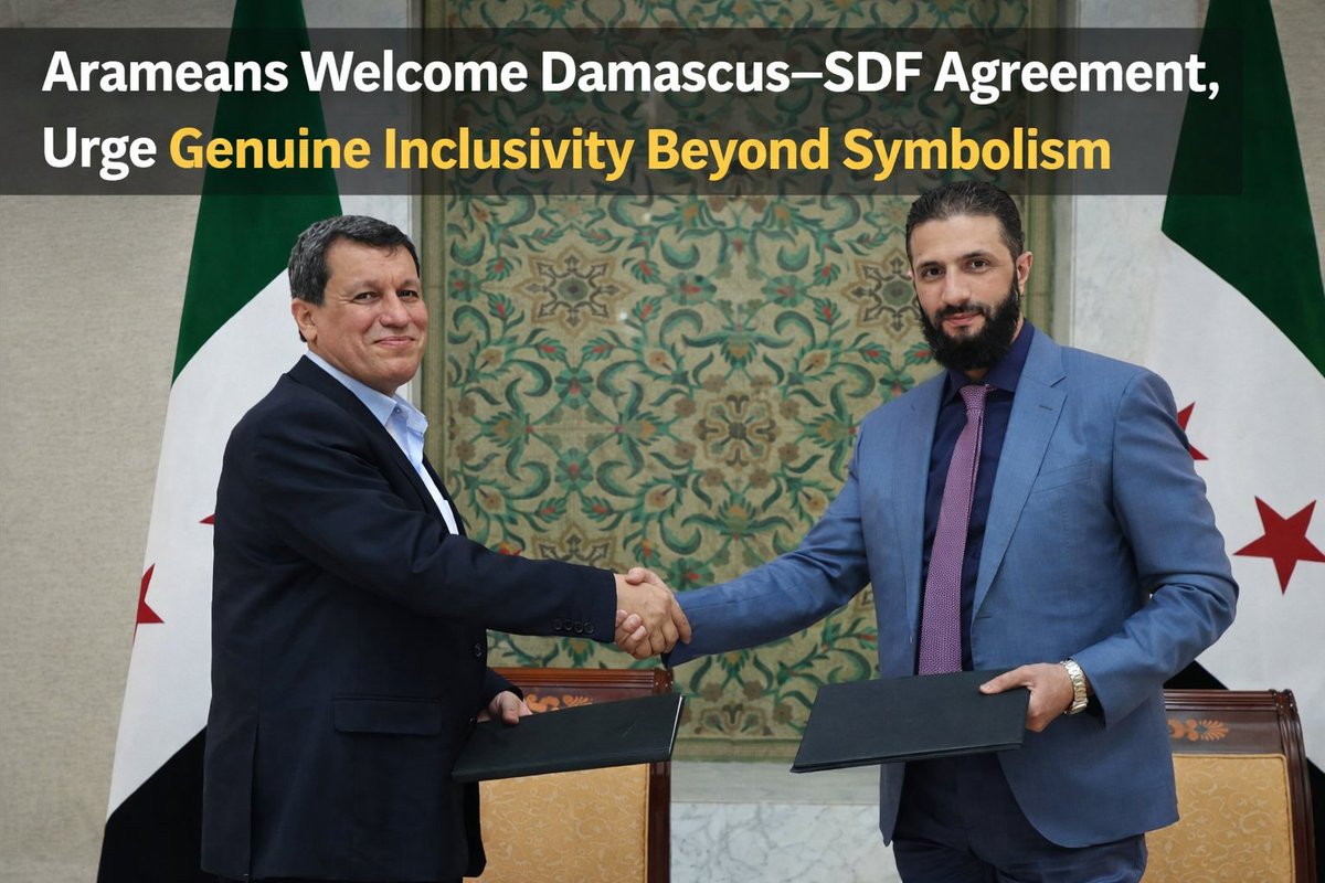 wca_ngo's tweet photo. Arameans Welcome New Damascus–SDF Agreement and Reaffirm: SDF Inclusivity and Pluralism Were Proclaimed but Never Practiced

• Any step reducing violence and enabling the return of displaced civilians is positive.
• Reintegration of Hasakah and Qamishli can help restore normalcy and trust.
• But the agreement again confirms a hard truth:
– SDF’s often-promoted inclusivity and pluralism were never practiced.
– Aramean Christians were used symbolically, while their rights and political representation were ignored.

Syria is not only Arabs and Kurds.

“Syria’s future will be judged by how it protects its oldest living heritage and ensures that no community is visible in rhetoric, yet invisible in rights. Syria owes this to the Arameans.”

For the full statement, read below or visit https://t.co/rpqxVf8yGo