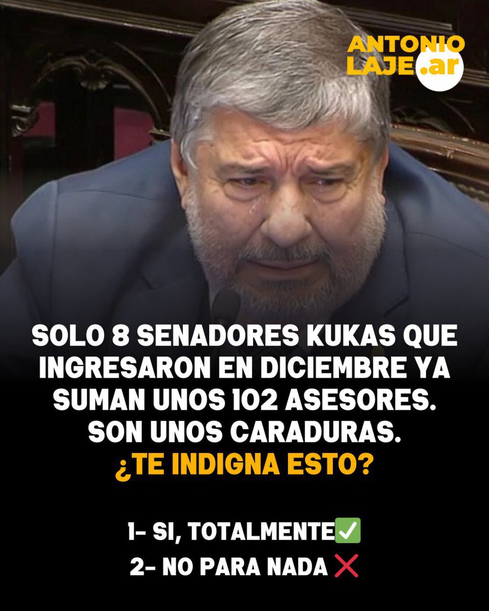 🚨Solo los 8 senadores KUKAS que ingresaron en Diciembre ya suman 102 asesores.  Son unos CARADURAS.

👇🏻 ¿TE INDIGNA ESTO?

1 - Si, totalmente ✅
2 - No, para nada ❌