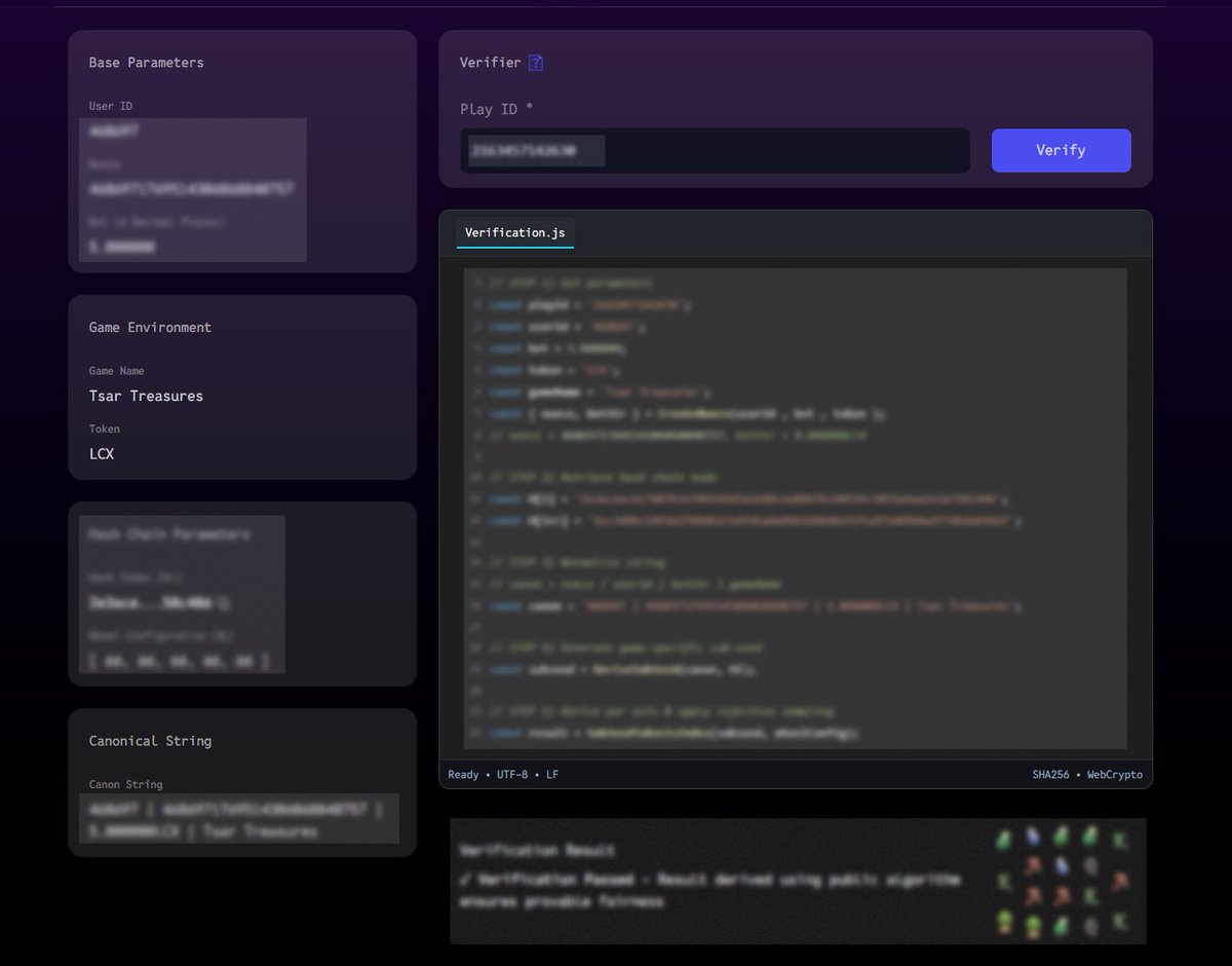 This is the actual verifier we built for LUCKY X.

Each game round is designed to be reconstructible from public inputs, following the same deterministic cryptographic steps.

There’s no “server-side explanation” here.
If the same inputs don’t produce the same result,