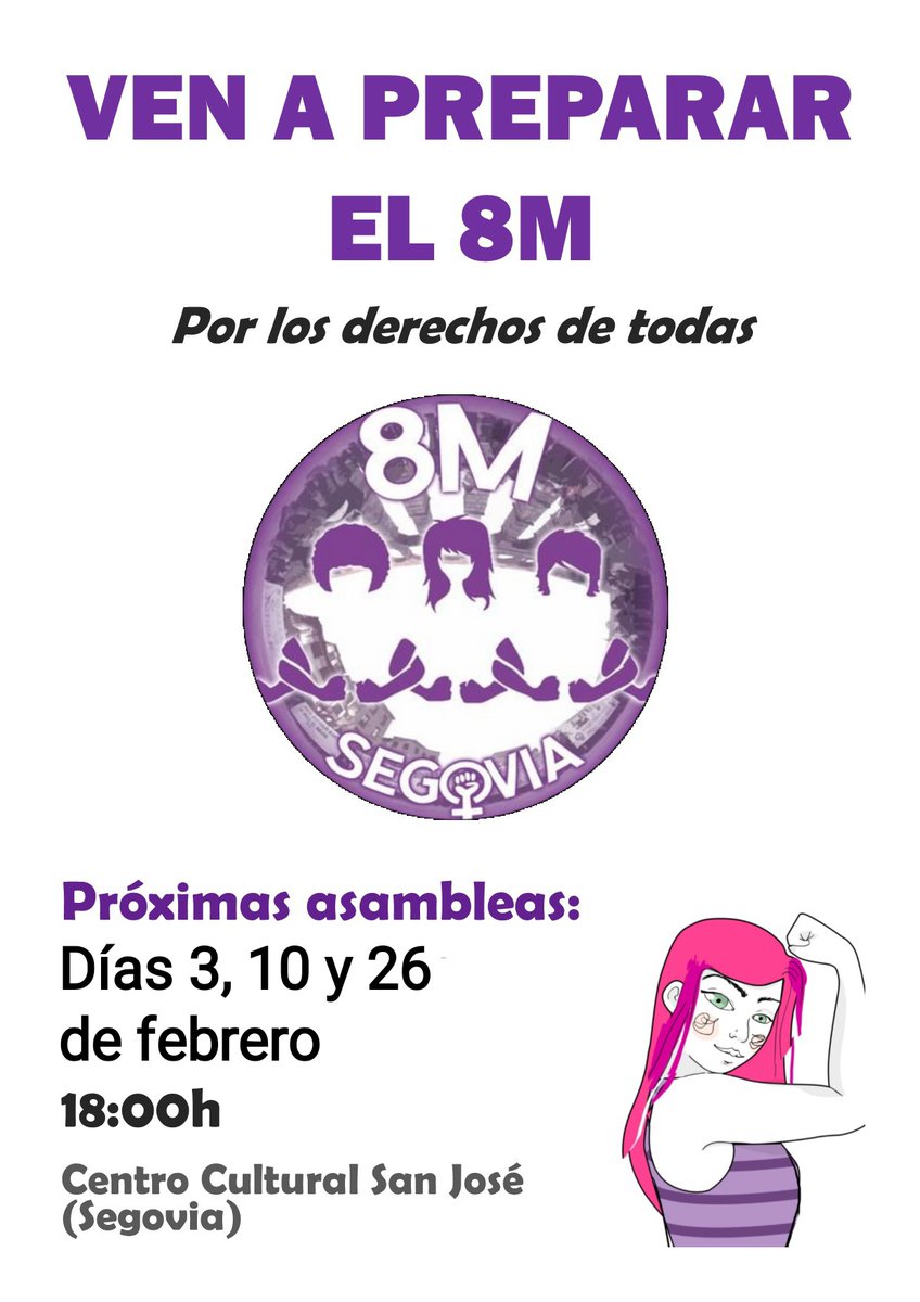 📣 Ven con nosotras a preparar la movilización del #8M2026
👭👭👭 Por los derechos de todas 👭👭👭
🗓️ Próxima asamblea, martes 3 de febrero a las 18:00 en el centro cultural de San José (Segovia)