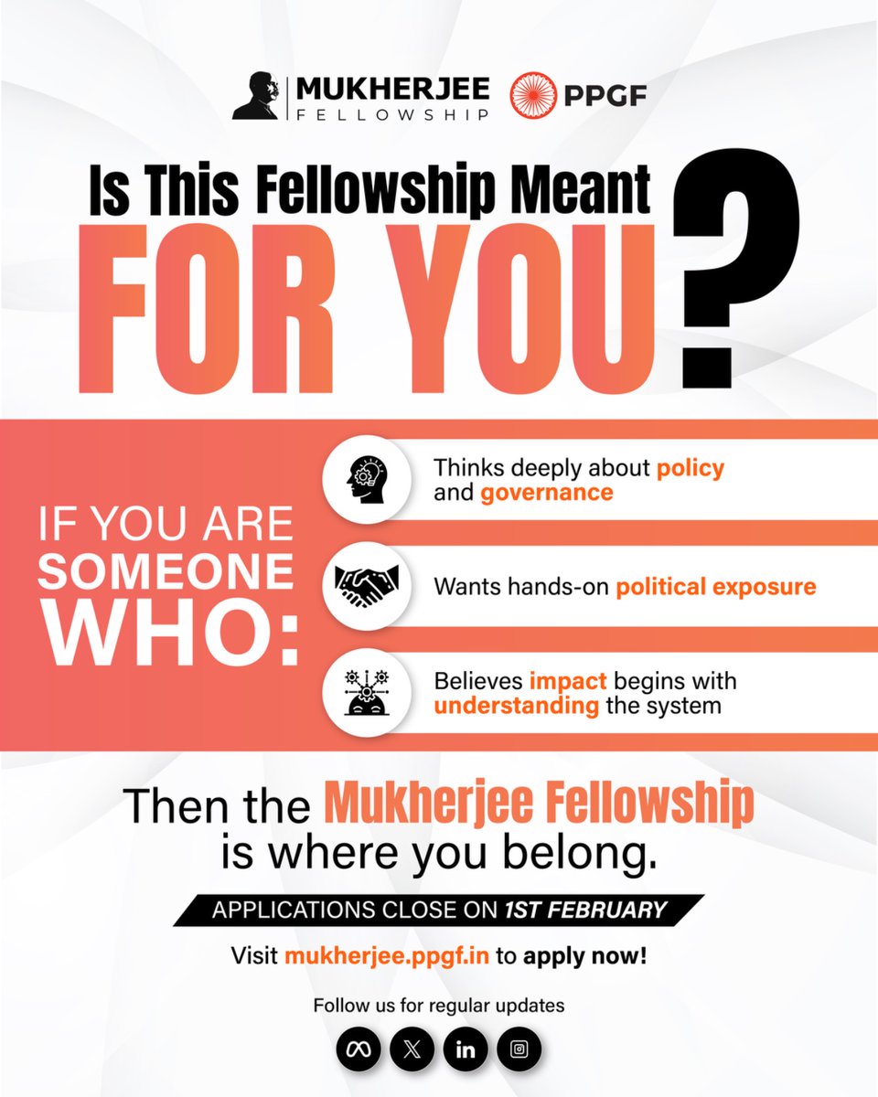 For those who believe impact begins with understanding systems, policy, and governance, the Mukherjee Fellowship offers hands-on exposure to real decision-making. 

Applications close on 1st February.

#MukherjeeFellowship #Applications #Deadline #Policy #Politics #ApplyNow