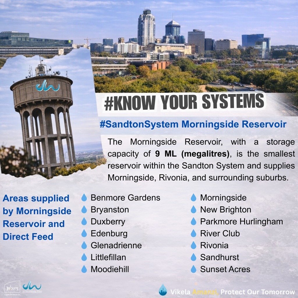 JHBWater's tweet photo. #KnowYourSystem 💧 Morningside Reservoir
The Morningside Reservoir is the smallest in the #SandtonSystem, with a capacity of 9 ML. 
It is supplied by the Palmiet Pump Station and serves Morningside, Rivonia, and surrounding areas.

#KnowYourSystem  #SandtonSystem
^PK https://t.co/gPBczizFxX