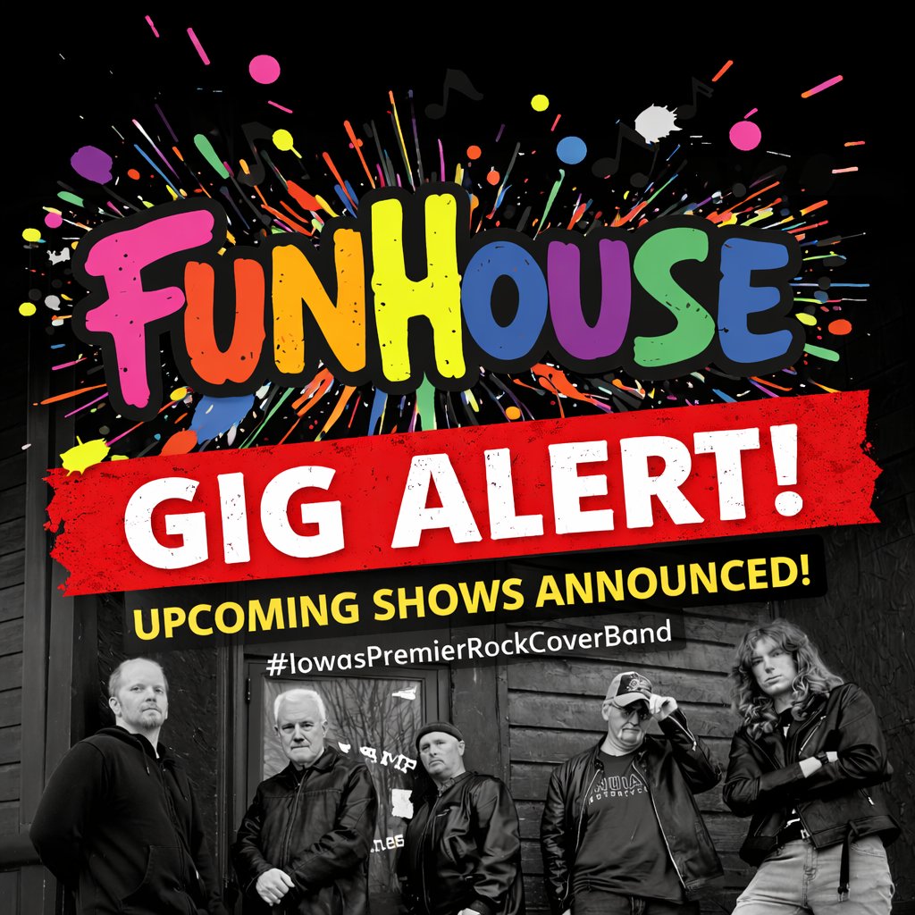 FunHouseIowa's tweet photo. FunHouse upcoming gigs 🎸

Mar 20 – Doc's Lounge, Johnston | 7–11 PM
May 16 – The Cork 50131 | 7:30–10 PM
May 22 – Private Event (book us: https://t.co/ftQNzN4olu)
May 29 – Back Roads Lounge | 8 PM–Midnight
Central Iowa, come rock with us! 🤘
#FunHouse #LiveMusic #ClassicRock https://t.co/X6TpT4Fn7a