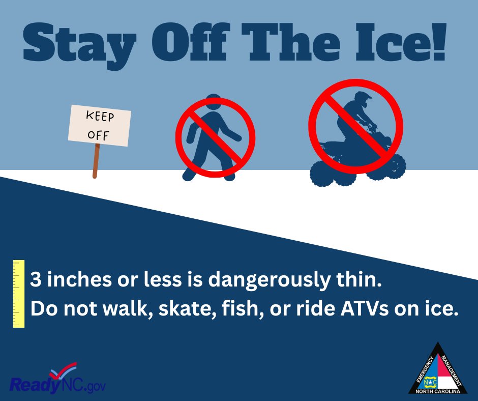 NCEmergency's tweet photo. A thin layer of ice has formed on some of our ponds and lakes. While it may look solid, thin ice cannot support the weight of a person or a pet.  Talk to your children and make sure they understand that frozen bodies of water are off-limits. #ReadyNC #SnowNC26 https://t.co/sEuQxEvicy