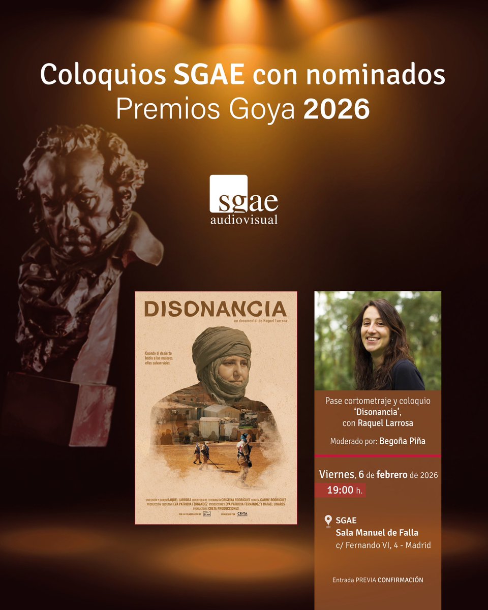 <a href="/JuanDiegoBotto/">Juan Diego Botto</a> <a href="/margotenenbaumm/">Andrea G. Bermejo</a> 🎥 Disonancia (corto documental)

Proyección y coloquio con su directora Raquel Larrosa y la periodista <a href="/begonapina/">Begoña Piña🇵🇸</a>. 

Cine comprometido que mira donde otros apartan la vista.

📅 6 feb
⏰ 19:00 h

👉 Inscripciones: docs.google.com/forms/d/e/1FAI…