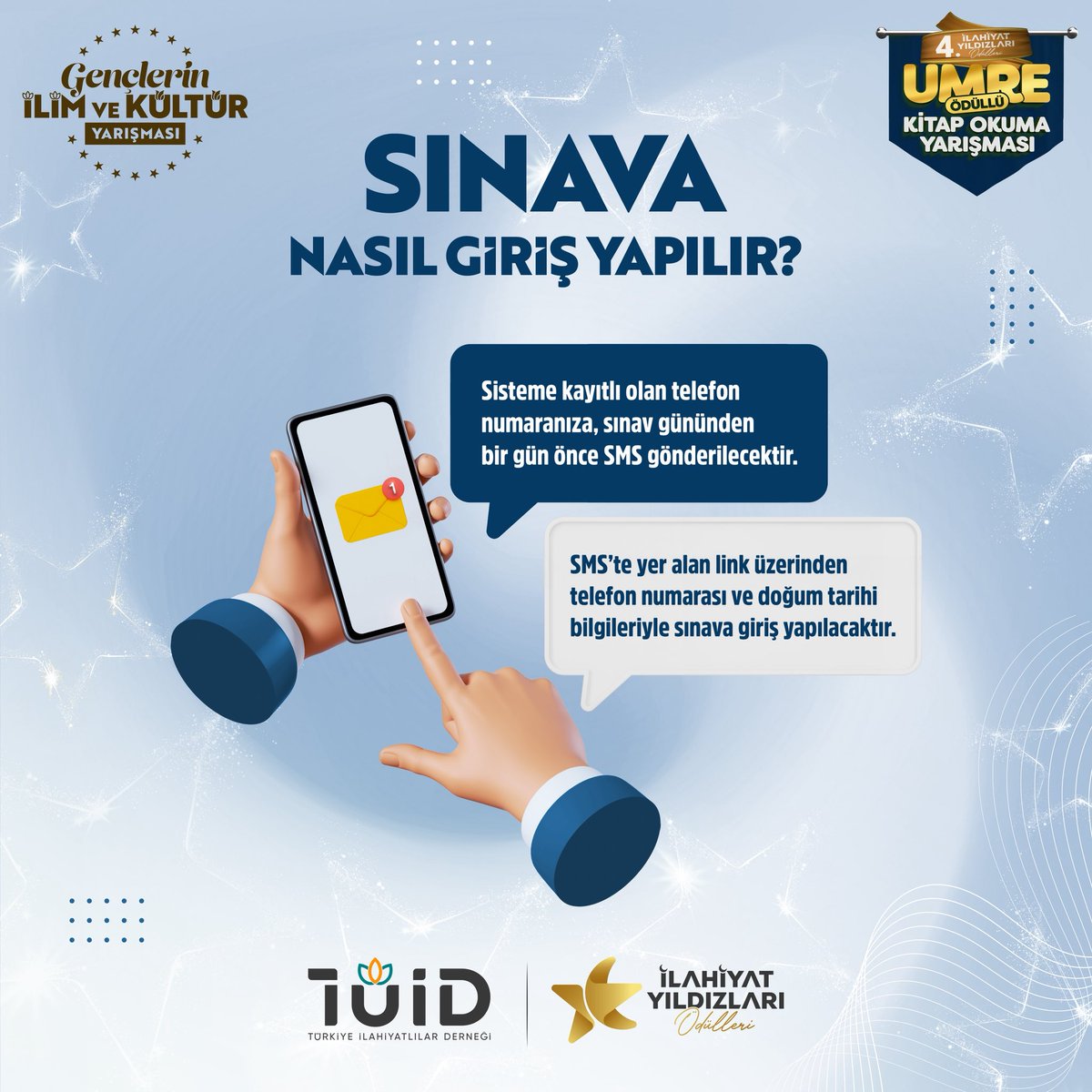 iyodul's tweet photo. 📲 Sisteme kayıtlı telefon numaranıza, sınav gününden 1 gün önce SMS gönderilecektir.

🔗 SMS’te yer alan link üzerinden;
➡️ Telefon numaranız
➡️ Doğum tarihiniz
bilgileriyle sınava kolayca giriş yapabilirsiniz.

Sınav 5 Nisan online  olarak yapılacaktır. https://t.co/eWCrg2O4NB