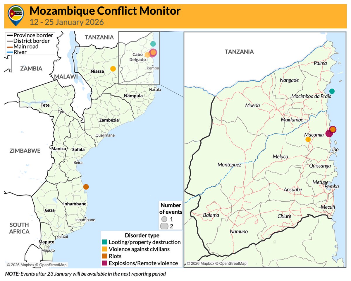 Islamic State #Mozambique carried out a rare mortar attack on Rwandan positions in #Macomia district on 18 and 19 January, targeting Mucojo &amp; Pangane. Local sources report one civilian was killed and another injured in Pangane. 🔗 Latest attacks: acleddata.com/update/mozambi…