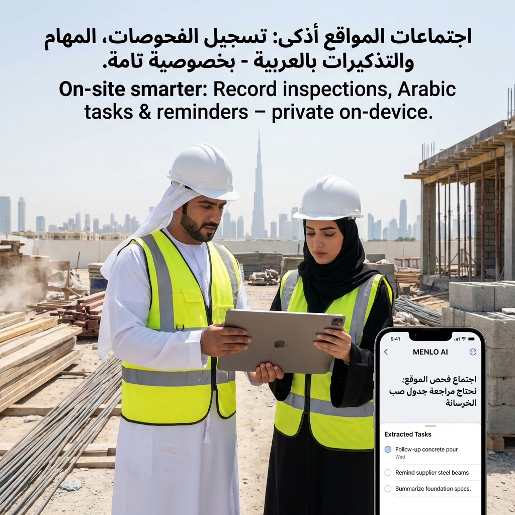 menloai's tweet photo. 🚀 اجتماعات المواقع أذكى مع Menlo AI! 🇸🇦🇦🇪 Inspect sites, record convos, extract Arabic tasks/reminders – no notes, all private! 📱✨ Close projects faster. 📲 https://t.co/ZiflPw4Tf9 #MenloAI #AIعربي #عقارات #بناء #DubaiConstruction #UAErealestate #SaudiProjects https://t.co/0NunXjVCSF