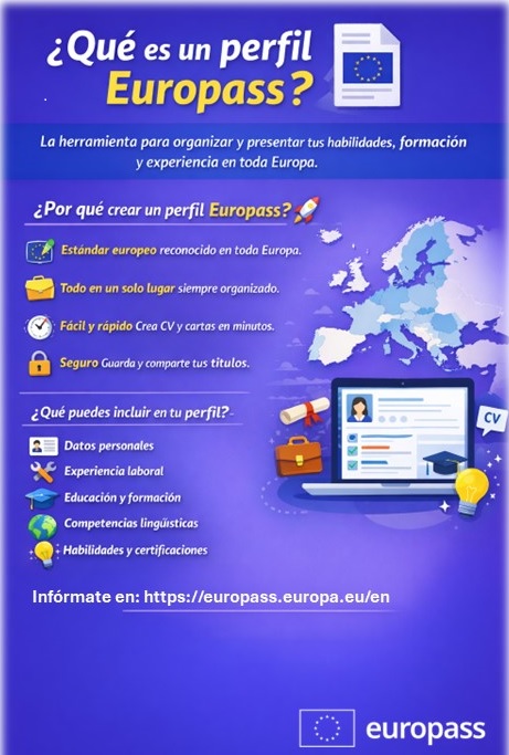 📄¿Qué es un perfil Europass?

Un perfil Europass es la herramienta ideal para organizar y presentar tus habilidades, formación y experiencia profesional. Perfecto para buscar empleo o estudiar en cualquier país de Europa 🌍.