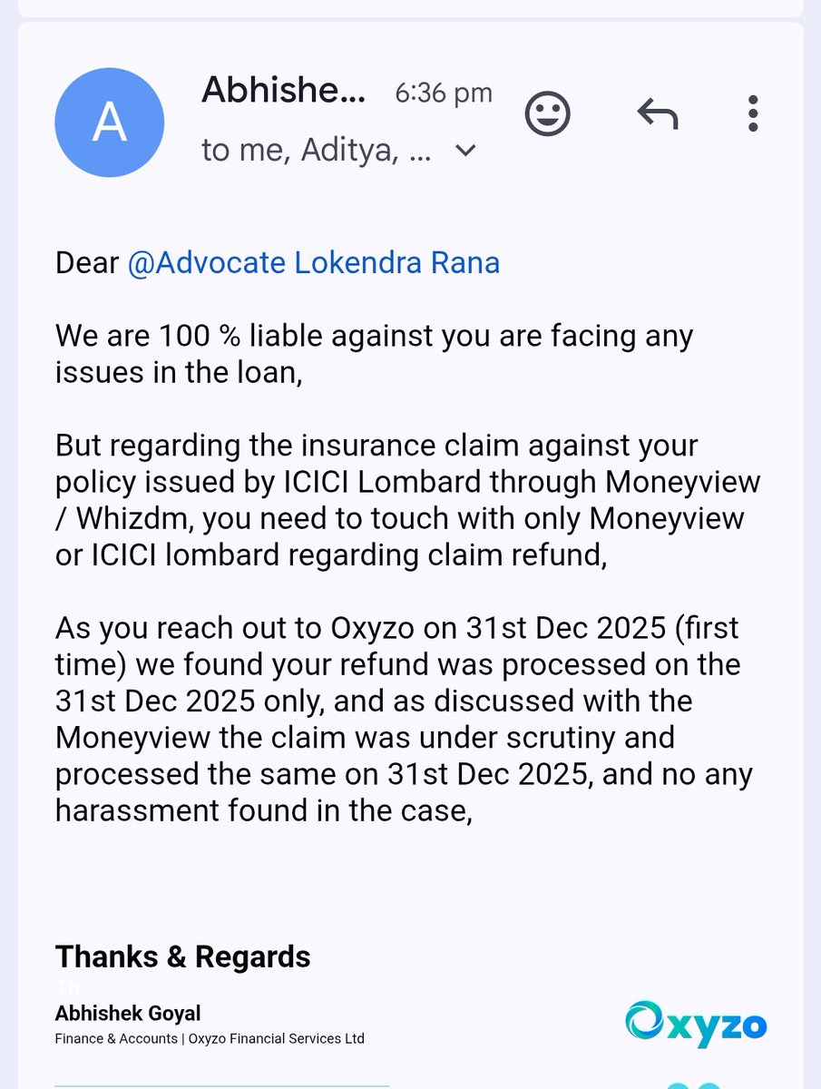 AdvctLokendra's tweet photo. Oxyzo admits 100% liability for my loan issues but refuses to pay interest and compensation for withholding my funds for 137 days. Why the double standards? @RBI @mymoneyview @OxyzoFinancial https://t.co/QWAzg0Xpnp