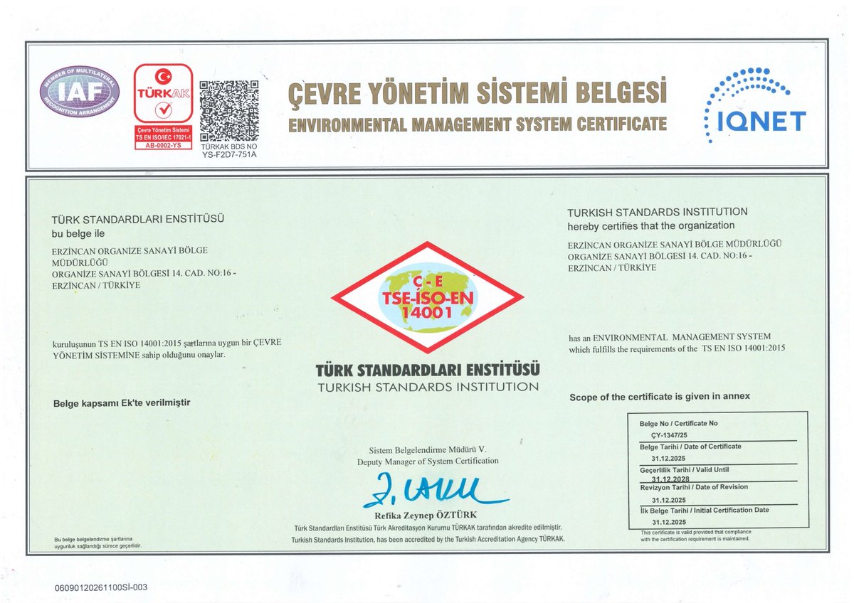 Erzincan OSB Müdürlüğü, çevresel sürdürülebilirlik çalışmaları kapsamında TS EN ISO 14001 Çevre Yönetim Sistemi Belgesi’ni TSE denetimleri sonucunda almaya hak kazanmıştır.
Emeği geçen tüm personelimize teşekkür ederiz.
#ISO14001 #ÇevreYönetimi #YeşilOSB #ErzincanOSB