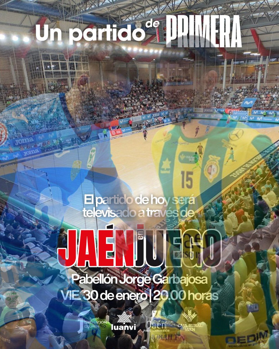 📺 El partido de esta tarde se televisará por <a href="/JaenenJuego/">JaenEnJuego.com</a> 

⚽️ 20:00 🆚 <a href="/InterMovistar/">Movistar Inter FS</a> 
🏟️ Jorge Garbajosa

👏🏻 ¡Muchas gracias por llevar este encuentro a todos los que no pueden estar en Torrejón!

🔗 youtube.com/live/6jGMjF7-G…

#SomosJaén💛