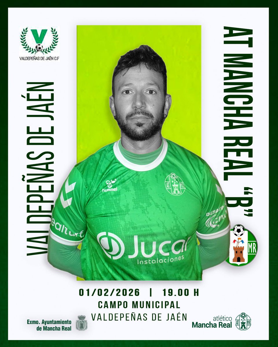 ⚽️ 🄿🄰🅁🅃🄸🄳🄾 🄲🄰🄽🅃🄴🅁🄰

📅 1 de febrero

⌚ 19,00 H

🆚️ Valdepeñas de Jaén CF 

🏟 Campo Municipal 

📍 Valdepeñas de Jaén 

#InsistirResistirPersistir 🤜🏻🤛🏻

#SomosManchaReal 💚💜

#YoSoyVerde 💪🏻