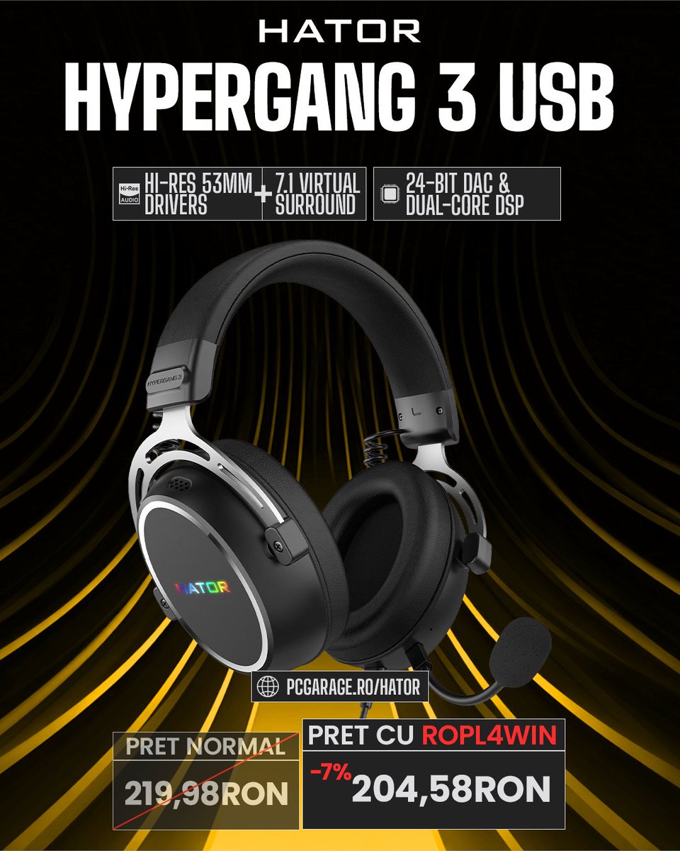 roproleague's tweet photo. Descoperă căștile HATOR Hypergang 3 USB 🎧
Sunet clar, puternic, 7.1 Virtual Surround, microfon detașabil și confort pentru sesiuni lungi de gaming.
🔥 7% reducere la toate produsele HATOR pe PC Garage cu codul ROPL4WIN
👉 https://t.co/Glh6f8vFMN
#hypergang #hator https://t.co/ktKn3BDM1H
