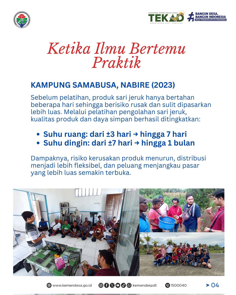 Dari uji coba di satu desa hingga menjangkau ratusan desa di berbagai wilayah, pelatihan ini mempertemukan ilmu dan praktik nyata, mendorong produk desa lebih tahan, bernilai jual tinggi, dan siap bersaing.
