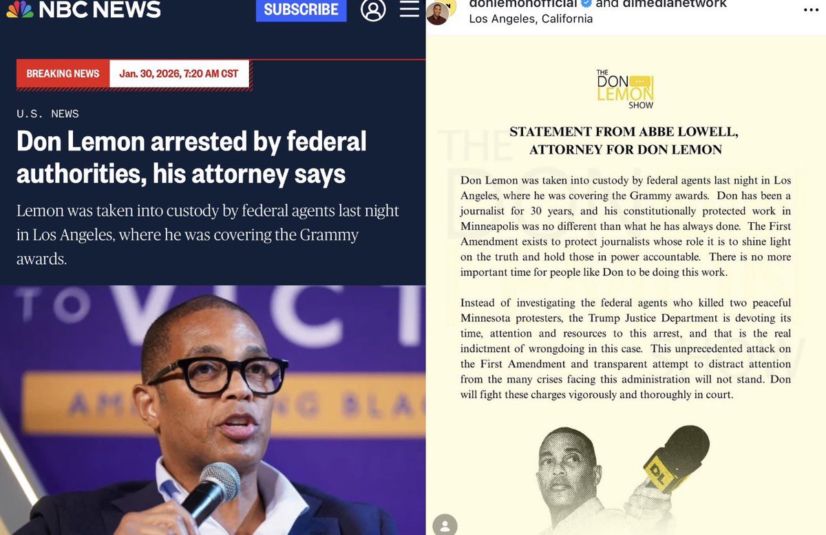 TheTNHoller's tweet image. Don Lemon arrested by the Trump regime for doing journalism 

Any media member/outlet silent about this attack on the first amendment should hang up their pen and go do something else