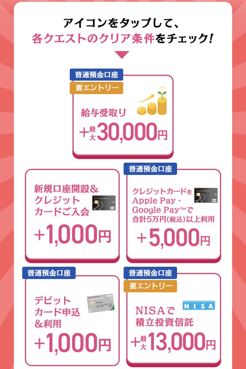 2月からのりそな銀行のキャンペーンがやばい！6月と7月に10万円以上の給与受取するだけで3万円。その他の特典を合わせると合計5万円貰える。しかも既存OK  今りそな銀行持ってない方は今日の23:59までに開設してた方が1万円貰えるキャンペーン適用になるので開設した方が ...