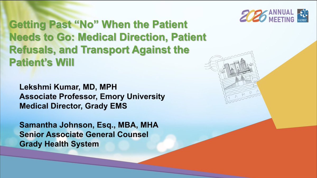 NAEMSP's tweet photo. #EMS refusals are a high-risk area, often the result of multiple system pressures, possibly reflective of poor protocols, training, or medical direction oversight. One main area of risk comes down to the capacity determination. #NAEMSP2026 @srjattorney @GradyMED1 https://t.co/MT80eEsa5H
