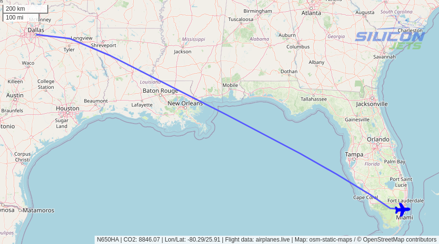 SiliconJets's tweet photo. N650HA (#gulfstream G650ER reportedly used by #marcbenioff) no longer detected in flight. Emissions est. 8846 kg #CO2 (compared to 458 kg flying commercial). #CO2emissions https://t.co/dzHVADCNsG