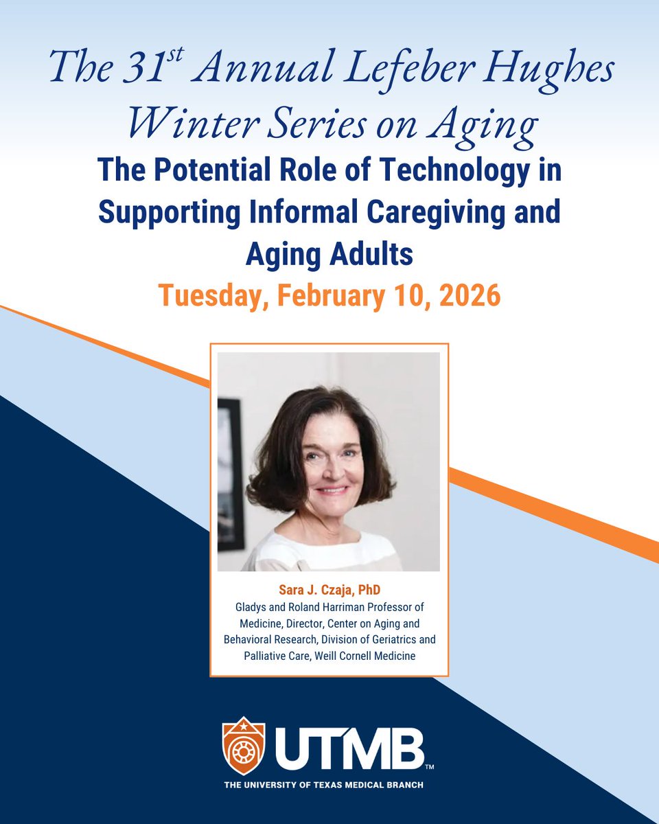 UTMB_SCOA's tweet image. 📢 3rd Lecture in the Lefeber Hughes Winter Series on Aging
Topic: The Potential Role of Technology in Supporting Informal Caregiving and Aging Adults
Speaker: Dr. Sara J. Czaja
🗓️ Feb 10, 2026 • 🕔 5 PM
📍 HEC 2.220, UTMB
🅿️ Free parking (behind OLLI)
🔗 utmb.edu/scoa/winterser…