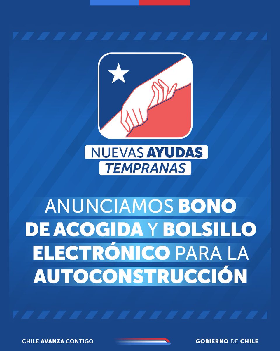 Anunciamos nuevas Ayudas Tempranas para las familias afectadas por los incendios.

🔹 Bono de Acogida: Pago único de 10UF ($397.000 aprox.) para cada vivienda destruida o muy afectada por los incendios.
🔹 Bolsillo Electrónico para la Autoconstrucción: Aporte económico de 150 UF,