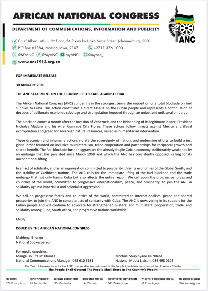 The African National Congress (ANC) condemns in the strongest terms the imposition of a total blockade on fuel supplies to Cuba. This action constitutes a direct assault on the Cuban people and represents a continuation of decades of deliberate economic sabotage and strangulation