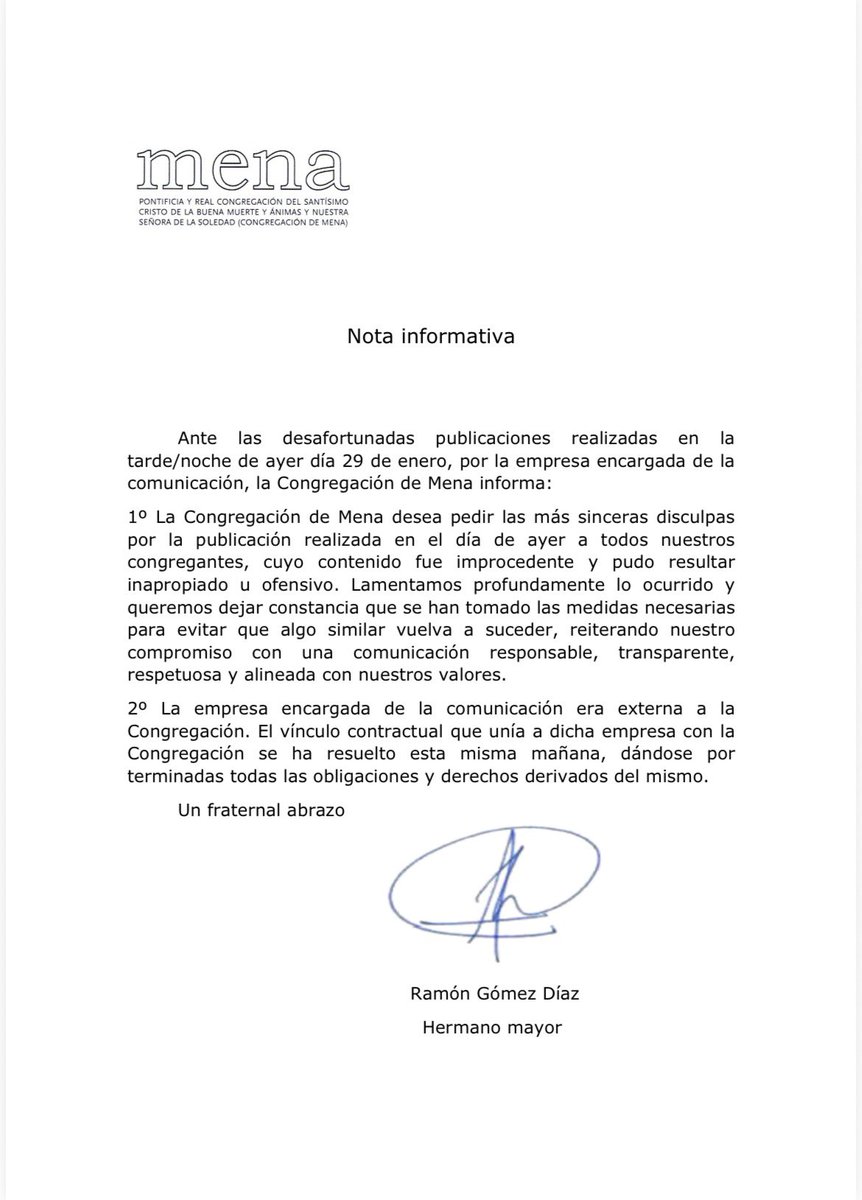COMUNICADO OFICIAL DE LA CONGREGACIÓN