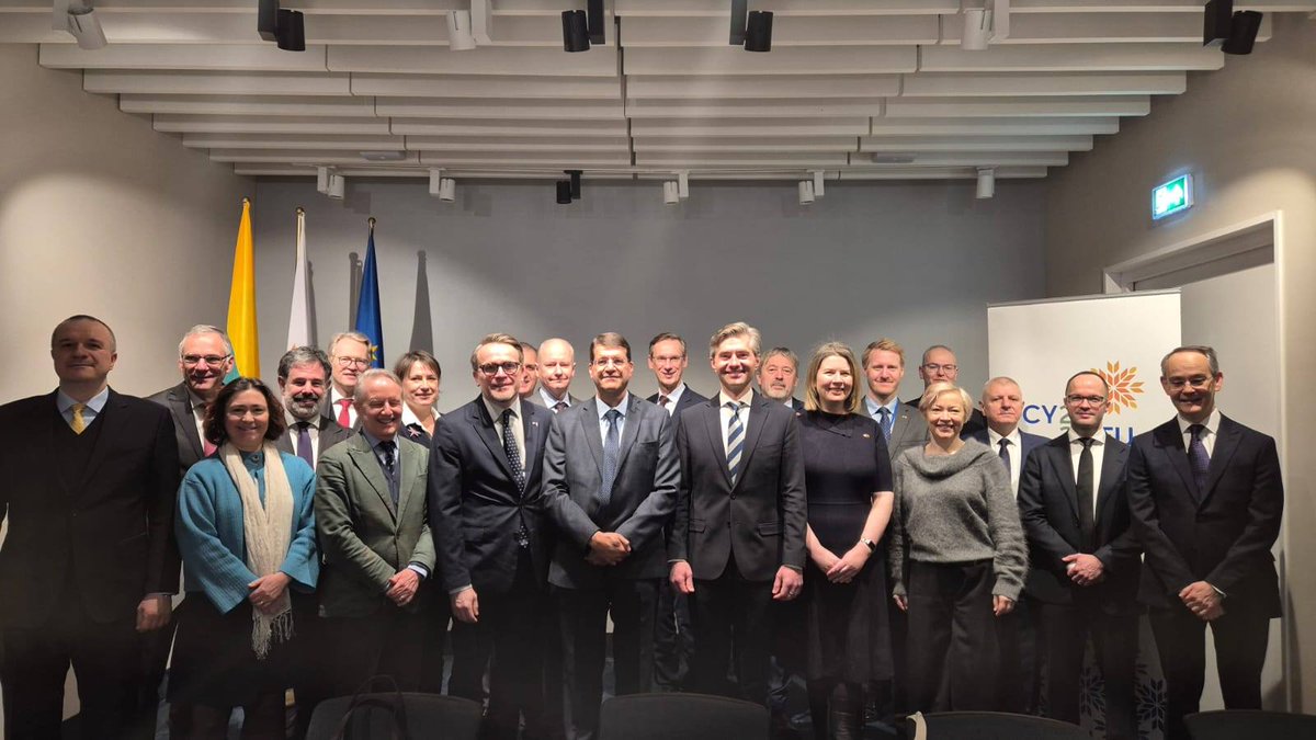 CyprusinPoland's tweet photo. Minister of Foreign Affairs of Lithuania, H.E. Mr. Kęstutis Budrys as the Guest of Honour, at the Meeting of the EU HoMs in Lithuania, hosted by the Ambassador of Cyprus, H.E. Mr. Nicos P. Nicolaou, within the framework of the Cyprus Presidency of the Council of the EU 28.1.2026. https://t.co/3CGw8z8Ilz