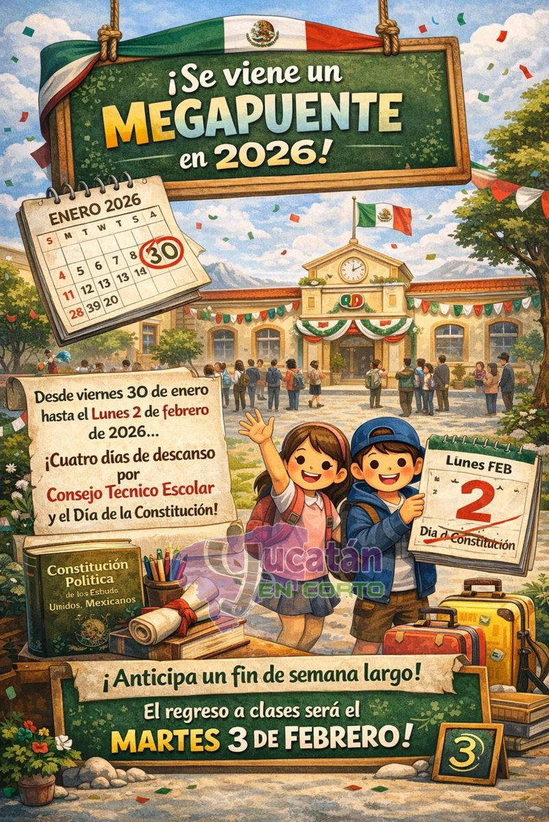 📚✨ ¡Inicia el primer megapuente del año. De acuerdo con el calendario de la SEP, estudiantes de Preescolar, Primaria y Secundaria no tendrán clases desde hoy viernes 30 de enero, debido a la sesión del Consejo Técnico Escolar.  📌 El descanso se extiende hasta el lunes 2 de feb