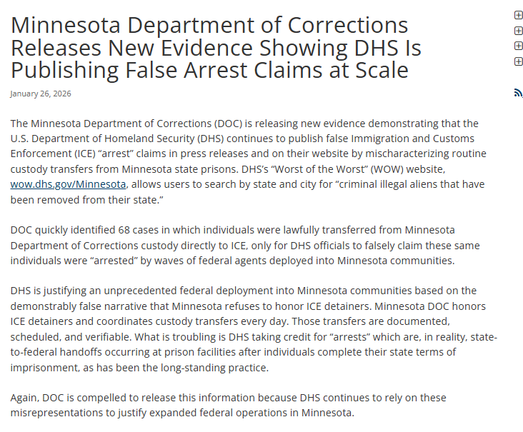 ReichlinMelnick's tweet image. As names of people with criminal records scroll by in this clip, you need to know that MANY were transferred directly from state prison to ICE custody, undermining Noem's entire argument.

Minnesota's prison system put out a press release calling out DHS's "false arrest claims."