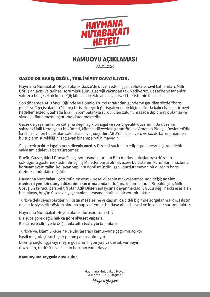 KAMUOYU AÇIKLAMASI
Gazze'de Barış Değil, Teslimiyet Dayatılıyor.